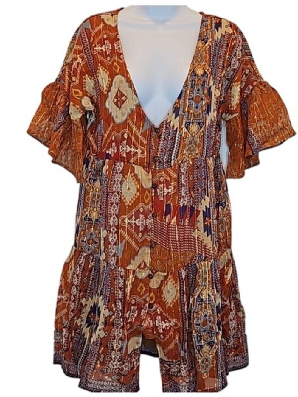 RAGA Sunset Flutter Sleeve Metallic Dress Small New Women's Festival Southwest